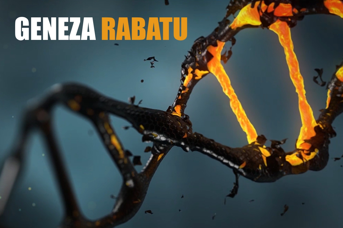 rozpadający się kod DNA i napis GENEZA RABATU